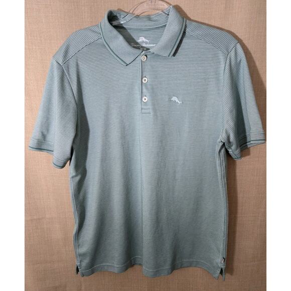 Tommy Bahama Mint Green Logo Striped Polo Shirt Business Casual Men's Medium - Picture 1 of 10